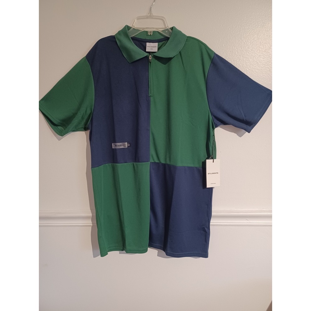 Students Golf Rahm Pique Patchwork Polo Shirt Short Sleve LG Green Navy Blue Zip